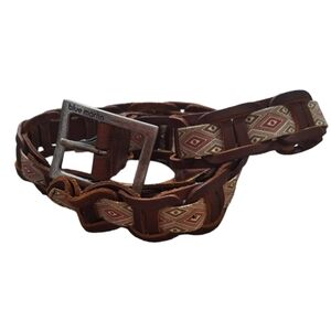 Blue Marlin Brown Leather and Fabric Belt with Heavy Silver Tone Buckle, 42"